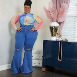 Curvaceous Boutique NEW Royal Blue Distressed Bell Bottom Jeans