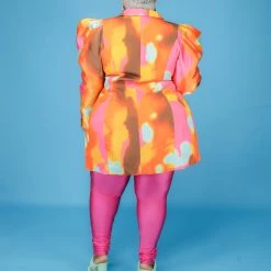 Curvaceous Boutique Pink Mold Print Puff Sleeve Blazer Dress