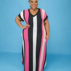 Curvaceous Boutique Pink Stripe V Neck Dress SALE