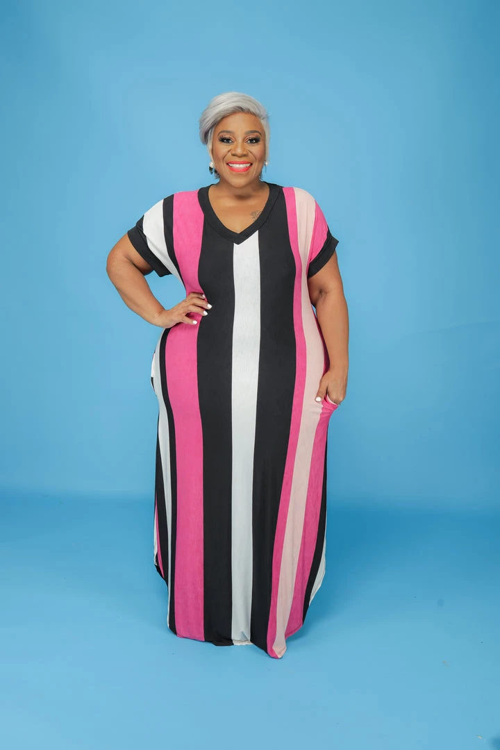 Curvaceous Boutique Pink Stripe V Neck Dress SALE 3 Curvaceous Boutique Pink Stripe V Neck Dress SALE