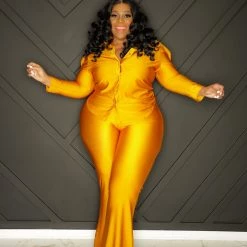 Curvaceous Boutique NEW Mustard Gold Button Pant Set