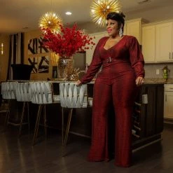 Curvaceous Boutique JUMPSUITS Red Shimmer Belt Jumpsuit