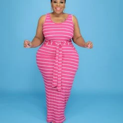 Curvaceous Boutique Pink Stripe Tie Tank Dress NEW