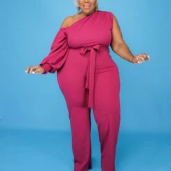 Curvaceous Boutique Magenta Cold Shoulder Jumpsuit