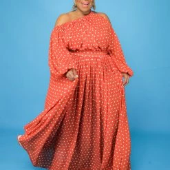 Curvaceous Boutique Collen Orange Polka Dot Maxi Dress