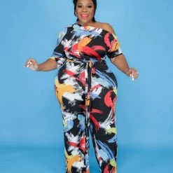 Curvaceous Boutique Painted Dolly Off Shoulder Jumpsuit