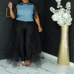 Curvaceous Boutique Denim Tulle Top