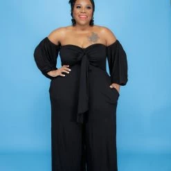Curvaceous Boutique Black Tied Off Shoulder Jumpsuit SALE