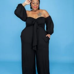 Curvaceous Boutique Black Tied Off Shoulder Jumpsuit SALE