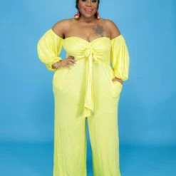 Curvaceous Boutique Yellow Tied Off Shoulder Jumpsuit SALE
