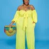 Curvaceous Boutique Yellow Tied Off Shoulder Jumpsuit SALE