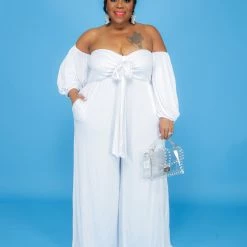 Curvaceous Boutique SALE White Tied Off Shoulder Jumpsuit