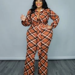 Curvaceous Boutique Brown Perfect In Plaid Jumpsuit JUMPSUITS