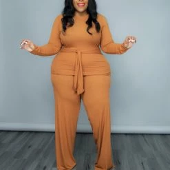Curvaceous Boutique Camel Rhoda Rib Pant Set SETS