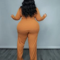Curvaceous Boutique Camel Rhoda Rib Pant Set SETS