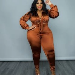 Curvaceous Boutique Brown Sexy In Satin Set