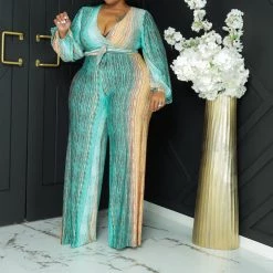Curvaceous Boutique NEW Teal Jolene Golden Streaks Jumpsuit