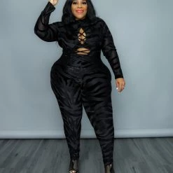 Curvaceous Boutique JUMPSUITS Black Just A Hint Lace-Up Catsuit