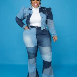 Curvaceous Boutique Blue Patchwork Crop Jacket BLAZERS/VESTS/JACKETS