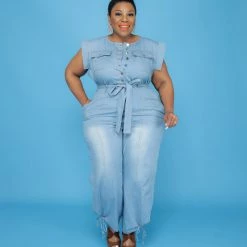Curvaceous Boutique JUMPSUITS Light Blue Ankle Tie Denim Jumpsuit