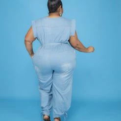 Curvaceous Boutique JUMPSUITS Light Blue Ankle Tie Denim Jumpsuit