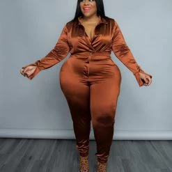 Curvaceous Boutique SETS COGNAC SATIN BODYSUIT SET