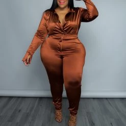 Curvaceous Boutique SETS COGNAC SATIN BODYSUIT SET