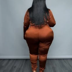 Curvaceous Boutique SETS COGNAC SATIN BODYSUIT SET