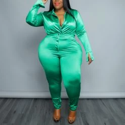 Curvaceous Boutique SETS GREEN SATIN BODYSUIT SET