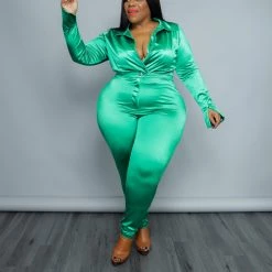 Curvaceous Boutique SETS GREEN SATIN BODYSUIT SET