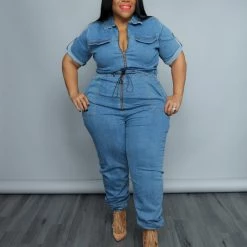 Curvaceous Boutique Denim Cargo Pocket Jumpsuit