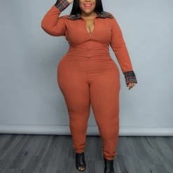 Curvaceous Boutique Cognac Plaid Cuff Catsuit