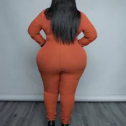 Curvaceous Boutique Cognac Plaid Cuff Catsuit