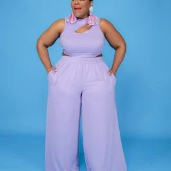 Curvaceous Boutique SETS Lavender Cut-Out Wide-Leg Set