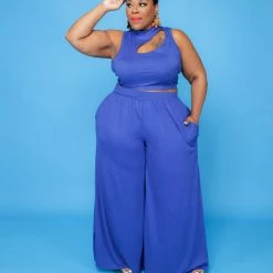 Curvaceous Boutique Royal Blue Cut-Out Wide-Leg Set SETS