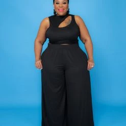 Curvaceous Boutique Black Cut-Out Wide-Leg Set SETS