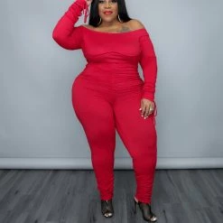 Curvaceous Boutique Red Ruche On Drawstring Catsuit JUMPSUITS