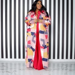 Curvaceous Boutique Red Print Rhinestone Cuff Duster