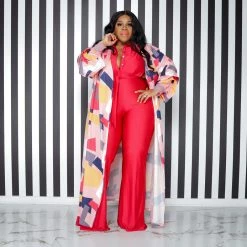 Curvaceous Boutique Red Print Rhinestone Cuff Duster