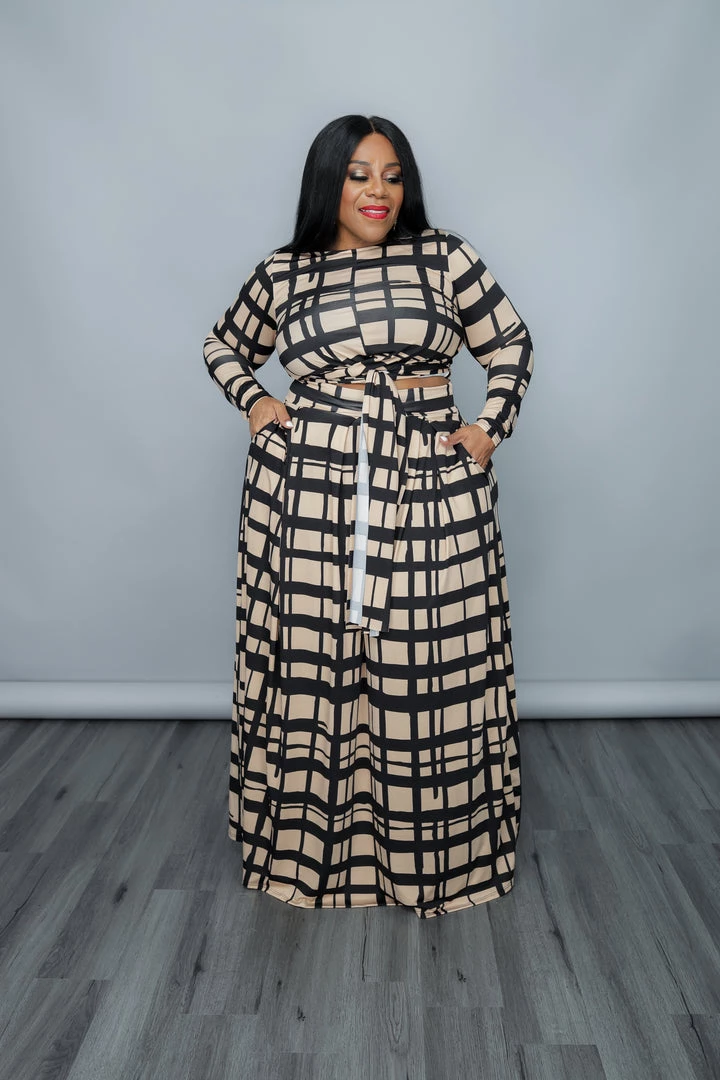 Curvaceous Boutique Beige Grid Perfectly Tied Skirt Set 3 Curvaceous Boutique Beige Grid Perfectly Tied Skirt Set