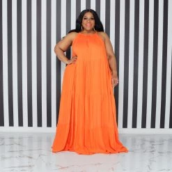 Curvaceous Boutique Orange Tiered Halter Dress DRESSES