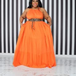 Curvaceous Boutique Orange Tiered Halter Dress DRESSES