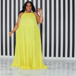 Curvaceous Boutique Yellow Tiered Halter Dress DRESSES