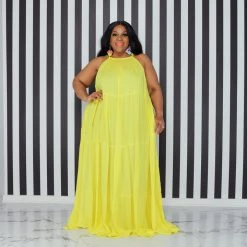 Curvaceous Boutique Yellow Tiered Halter Dress DRESSES