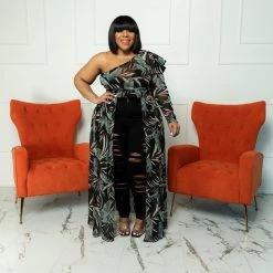 Curvaceous Boutique Leaf Sheer One Sleeve Maxi Top