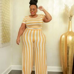Curvaceous Boutique NEW Mustard Peppermint Stripe Pant Set