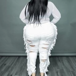 Curvaceous Boutique White Side Piece Fringe Jeans