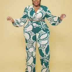 Curvaceous Boutique Green Leaf Mix Pant Set NEW