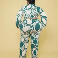 Curvaceous Boutique Green Leaf Mix Pant Set NEW