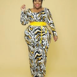 Curvaceous Boutique Mustard Print Midi Dress SALE